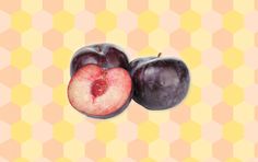 two plums on a yellow and pink background