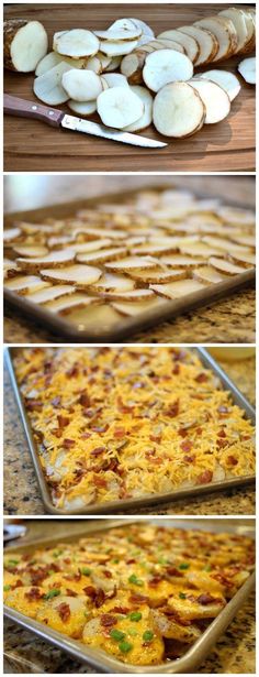 four pictures showing different stages of making baked goods in baking pans, including potatoes and bread