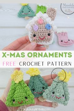 crocheted christmas ornaments with text overlay that says x - mas ornaments free crochet pattern