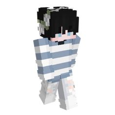 an image of a minecraft character with black hair and striped shirt on, standing in front of a white background