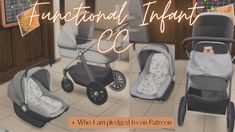 three different types of baby strollers with the words functional infant co written on them