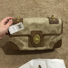 Brand New. Price Firm Coach Top Handle Bag With Magnetic Closure, Coach Beige Clutch Bag, Coach Satchel Shoulder Bag With Magnetic Closure, Coach Bag With Magnetic Closure For Daily Use, Shopping Bags With Gold-tone Hardware And Flap, Coach Crossbody Bag With Magnetic Closure, New Price, Coach Bags, Shoulder Bags