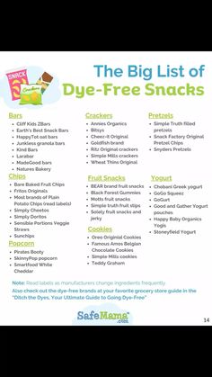 the big list of dye - free snacks is shown in this ad for kids's meals