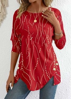 Color:Red;Size:S;Size:M;Size:L;Size:XL;Size:XXL;Package Contents:1 X T Shirt;Occasion:Other;Style:Bohemian; Winter Blouses, Gorgeous Boots, Trendy Tops For Women, Trendy Winter, Red Button, Red T, Cool Jackets, Red Tshirt, Outfit Casual