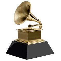 a golden record player on top of a black base with a gold horn in the center