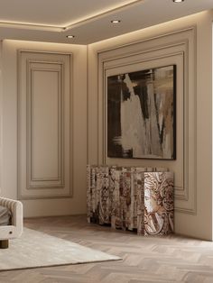 a living room filled with furniture and a painting on the wall above it's radiator