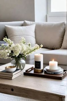 Small Rectangular Coffee Table Styling, Square Wood Coffee Table Decor, Decorative Tray Decor, Sectional Couch Coffee Table, Light Couch Dark Coffee Table, Table Coffee Decor Ideas, White Coffee Table Styling, Home Decor Styling, Styling Rectangle Coffee Table