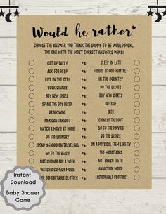 a printable baby shower game with the words, would he rather?