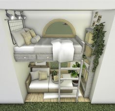 a room with a bed, desk and shelves in it