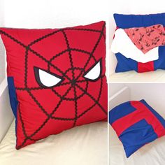 four different pillows with spiderman's face on them, one is red and the other is blue