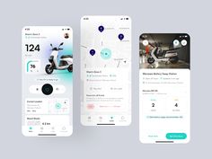 three smartphones displaying the app design for an electric scooter