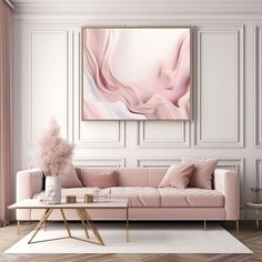 a living room scene with a couch, coffee table and large painting on the wall