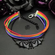 Rainbow Bat Choker Rainbow Aesthetic Outfit, Colorful Goth, Rainbow Goth, Bat Choker, Scene Clothes, Goth Vibes, Bat Silhouette, Goth Clothes, Scene Outfits