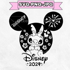 the disney mouse svg file is shown in black and white, with flowers on it