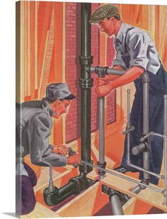 two men working on pipes in a room with red brick walls and wood flooring