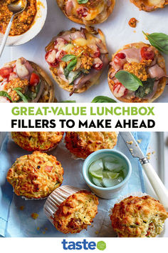 an image of some muffins with toppings on them and the title reads great value lunchbox fillers to make ahead