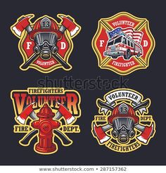 four fire department emblems with the words volunteer and an image of a fire hydrant