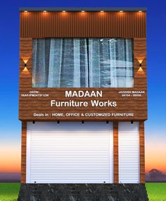 the sign for madaan furniture works in front of a window with curtains on it