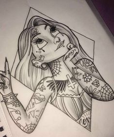 a drawing of a girl with tattoos on her arm