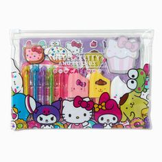 hello kitty stationery set with markers and pencils in a plastic bag on a white background