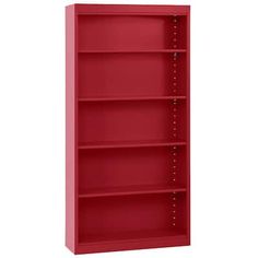 a red bookcase with three shelves on each side