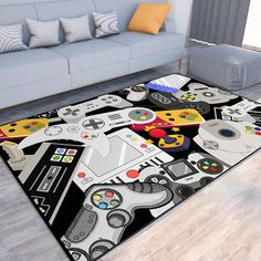 a living room area rug with video game controllers on it