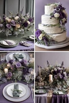 the table is set with purple and white flowers, silverware, candles, and napkins