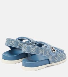 Double G GG denim sandals in blue - Gucci | Mytheresa Blue Open Toe Gucci Sandals, Gucci Sandals With Rubber Sole For Summer, Gucci Flat Sandals With Removable Insole, Gucci Open Toe Sandals With Rubber Sole, Gucci Leather Sandals With Cushioned Footbed, Gucci Sandals With Cushioned Footbed For Spring, Casual Gucci Sandals With Round Toe, Casual Gucci Leather Sandals, Gucci Casual Sandals With Cushioned Footbed