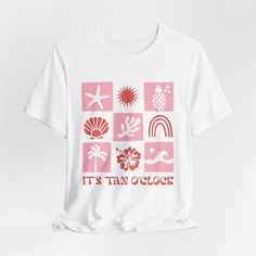 ✶ Beach Vibes T-Shirt Summer Vacation Shirt Coastal Graphic Tee Sun and Sea Elements Cute Beach Shirt Boho Summer Shirt Women Men ✶ This beach-themed t-shirt features various summer and beach elements, including a starfish, sun, pineapple, shell, coral, rainbow, palm tree, hibiscus, and waves, with the phrase "It's Tan O'Clock." Perfect for summer vacations, beach outings, or just embracing coastal vibes, this tee is ideal for both women and men. ✶ Fit ✶ * Unisex T-Shirt * Classic fit with a crew neck * Side-seamed for a better fit * Tear-away label for added comfort ✶ Fabric ✶ * Light fabric 4.2 oz/yd² (142 g/m²) * 100% Airlume combed and ringspun cotton for a soft feel * Pre-shrunk to minimize shrinkage * OEKO-TEX certified dyes with low environmental impact ✶ Care Instructions ✶ * Machi Summer Vacation Shirt, Boho Summer, Vacation Shirts, Beach Shirts, Men Fits, Beach Vibe, Summer Vacation, Beach Themes, Summer Shirts