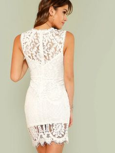 This is a beautiful lace dress that's great for romantic occasions or even a perfect bridal shower dress. Zips in the back for a great fit. Gorgeous scalloped hem detail. True to size. Material : Polyester/Cotton Sizes (Measured in inches):XS Bust 32 Waist 26 Length 35.5 S Bust 34 Waist 27.5 Length 36 M Bust 36 Waist 29 Length 36.5L Bust 38 Waist 31.5 Length 37 Bodycon Dress Online, Summer Bodycon Dress, White Bodycon Dress, Bridal Shower Dress, Sleeveless Bodycon Dress, Lace Bodycon, Guipure Lace, Lace Bodycon Dress, Round Neck Dresses