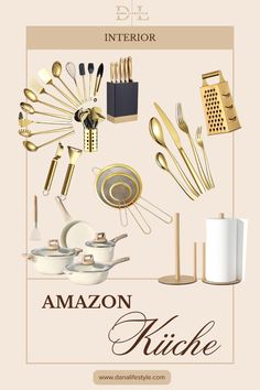 an image of kitchen items in gold and white