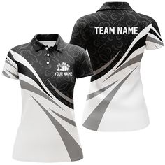 a women's black and white polo shirt with the name team name on it