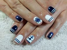 White and Blue Short Square Nails with Blue Anchor and Helm Naval Nails Design, Navy Graduation Nails, Us Navy Nails Design, Us Navy Nails, Military Nails, Navy Nails Design