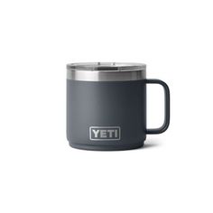 the yeti coffee mug is shown in grey and has an insulated lid that says yeti