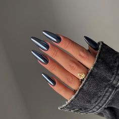 Fake Acrylic Nails, Blue Chrome Nails, Maquillage On Fleek, Silver Nail, Blue Nail, Metallic Nails