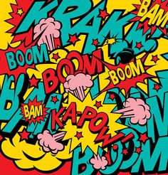 a bunch of graffiti writing on a red and yellow background that says boom boom pow