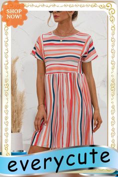 Sweet Striped Print Big Swing Dress P15830 Casual Striped Shift Dress, Striped Shift Dress For Spring, Casual Striped Flowy Dress, Color Pick, Stylish Girl, Stripe Print, Swing Dress, Women's Fashion Dresses, Collar Styles