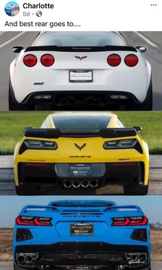 three different colored sports cars on the road