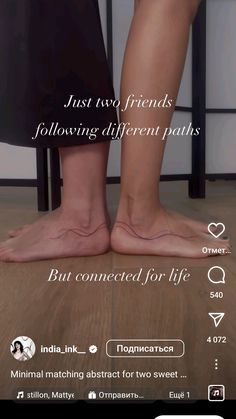 two people standing next to each other on a wooden floor with text that reads, just two friends following different paths but connected for life