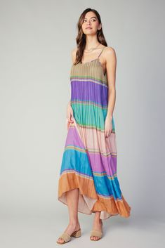 This pleated maxi dress is downright dreamy, crafted from a colorblocked skirt in a striking gradation of pastel inspired hues. Adjustable shoulder straps let you create the perfect fit. •Relaxed fit •Adjustable shoulder straps •Pleat detailing •Removable self-tie belt •Original 'Color Block' print, designed by Current Air DIMENSIONS •Standard: 51" Length Item number 2190334 100% Polyester Imported Camilla Dress, Cami Midi Dress, Lightweight Dress, Pleated Maxi Dress, Pleated Maxi, British Indian, Tie Belt, Item Number, Block Print