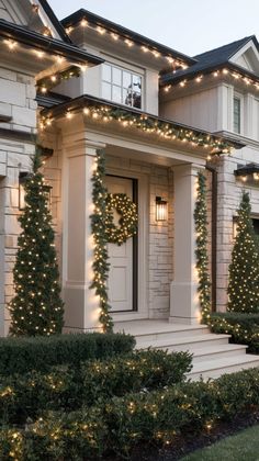 a house with christmas lights on the front porch