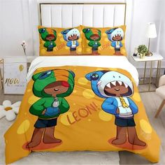 a bed with two cartoon characters on it