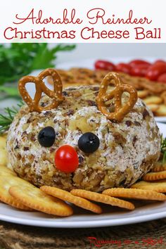 a christmas cheese ball with pretzels and reindeer noses on it