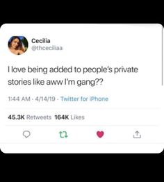 two tweets on twitter with the caption i love being added to people's private stories like awn'm gang?