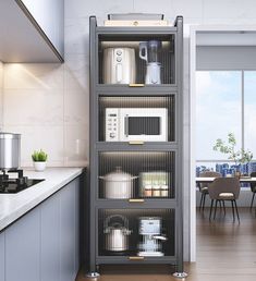 a microwave oven sitting on top of a metal shelf next to a kitchen countertop