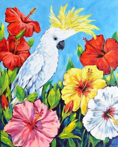 a painting of a white cockatoo surrounded by red, yellow and pink flowers