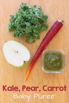 kale, pear, carrot baby puree on a cutting board with an apple