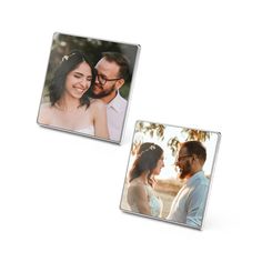 two square photo magnets with the same image on them, one showing a man and woman