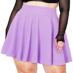 Look your best this season with this stylish high waisted skater skirt! This plus size skirt features a classic lavender hue with a flattering fit. Fitted Skort With Flared Skirt In Solid Color, Solid Color Flowy Mini Skirt, Solid Color Mini Skort, Purple Fitted Tennis Skirt, Fitted Purple Tennis Skirt, Flared Stretch Mini Skirt, Stretch Flared Mini Skirt In Solid Color, Stretch Mini Tennis Skirt In Solid Color, Purple Flared Mini Skirt For Summer