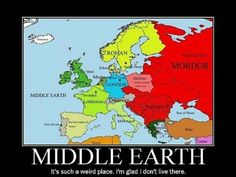 a map with the names of europe and middle earth in red, green, yellow, blue